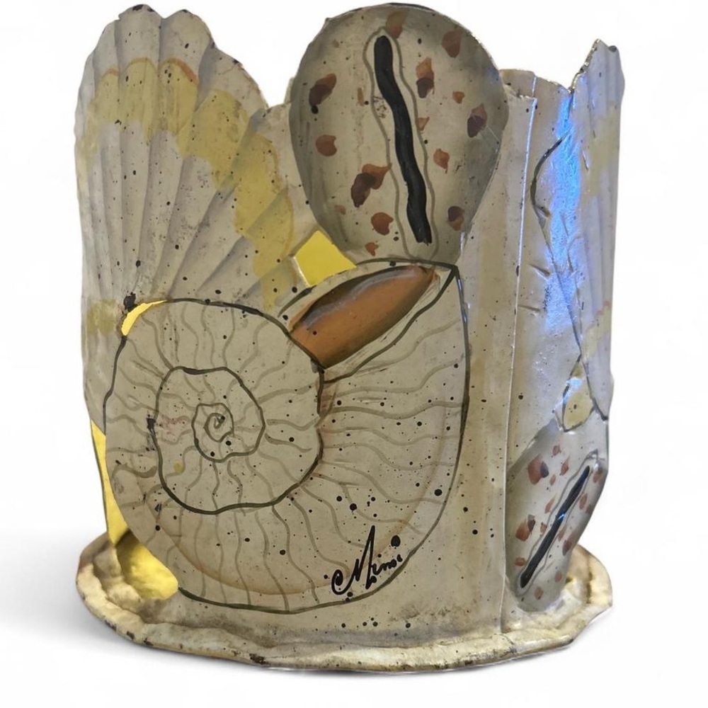 Vintage Hand-Painted Metal Seashell Candle Holder Signed Mimi Coastal Folk